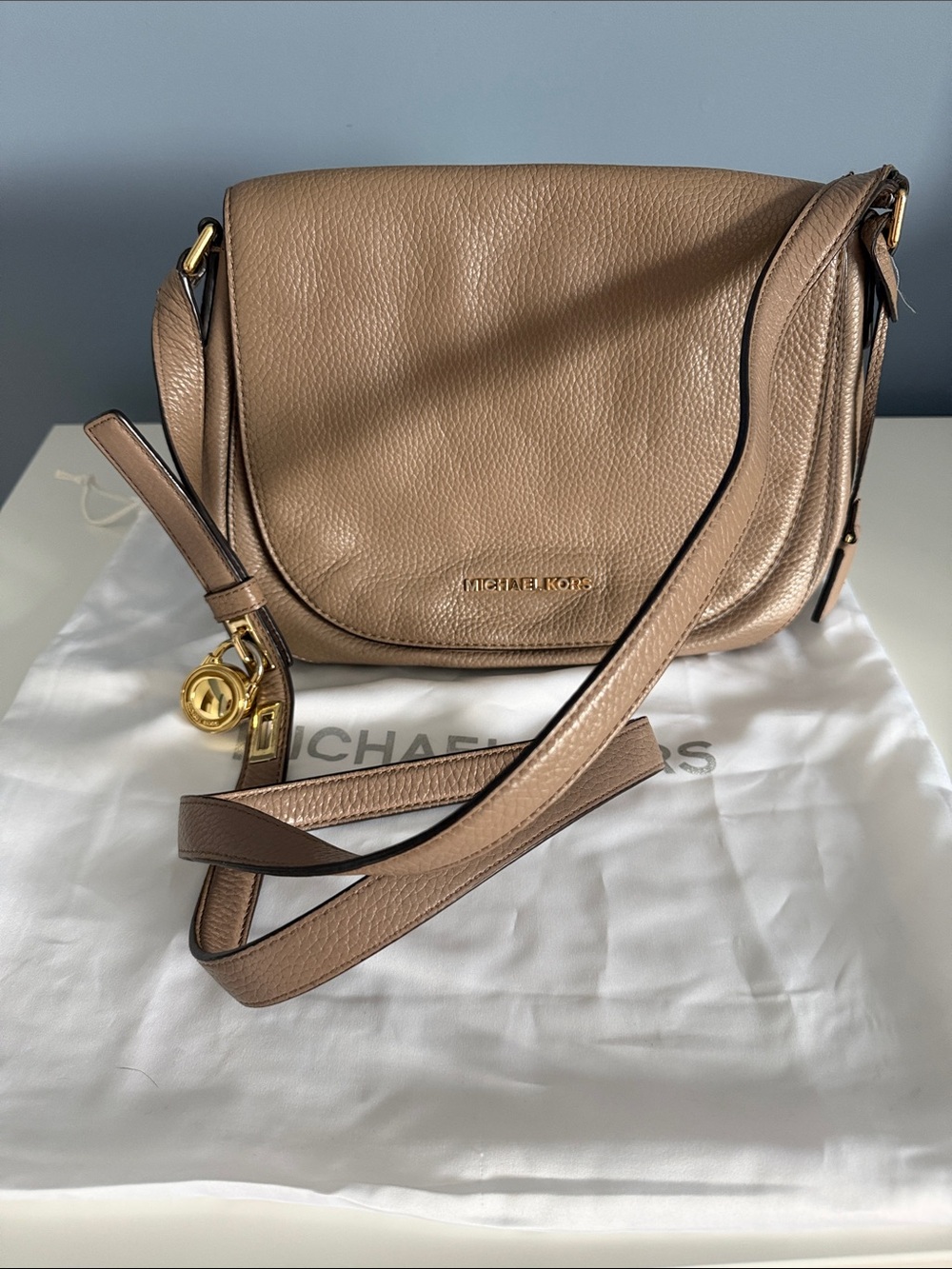 Michael Kors Taupe Pebbled Leather Crossbody with Gold Charm